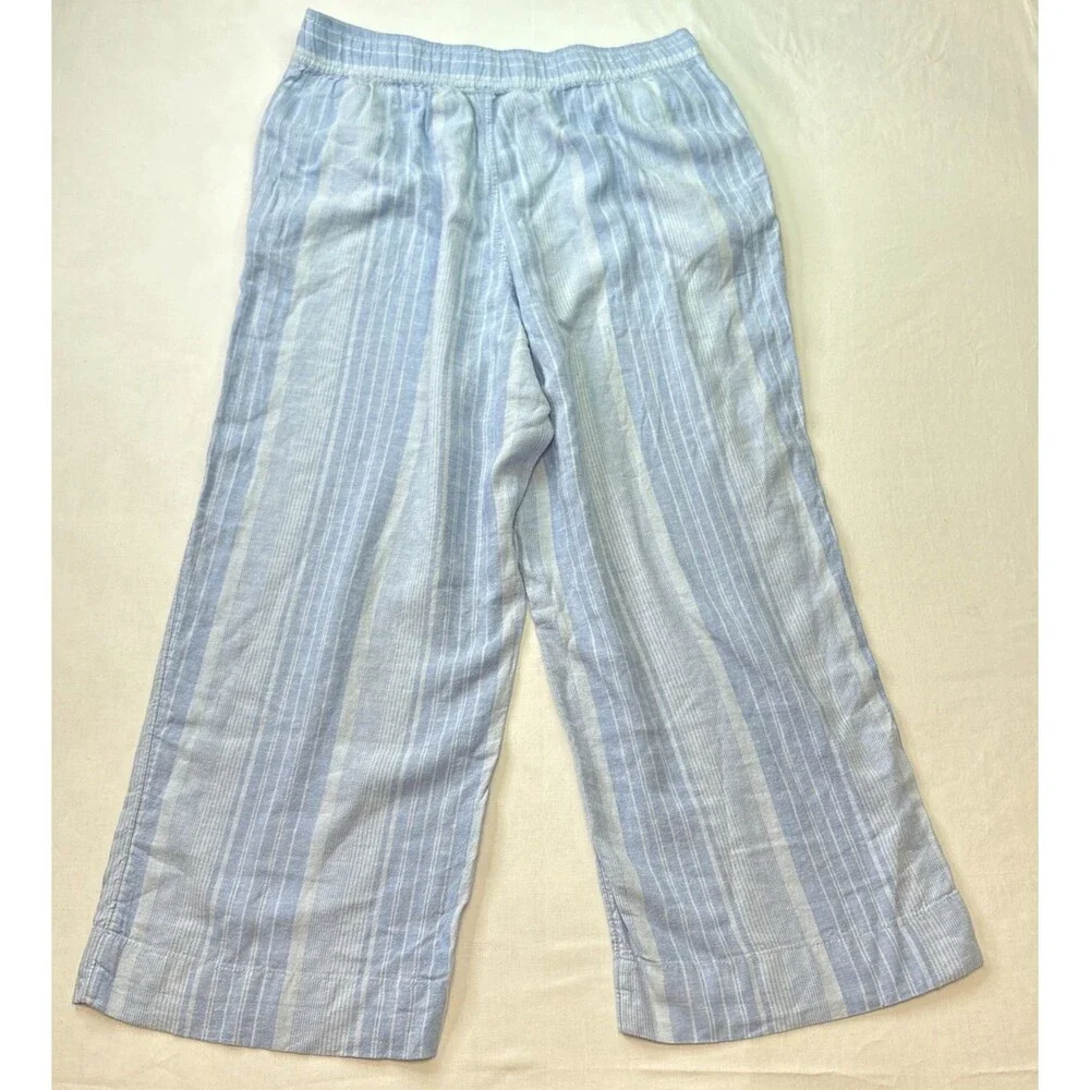 Tahari Women's Large Blue Linen Rayon Elastic Waist Casual Pants with Pockets